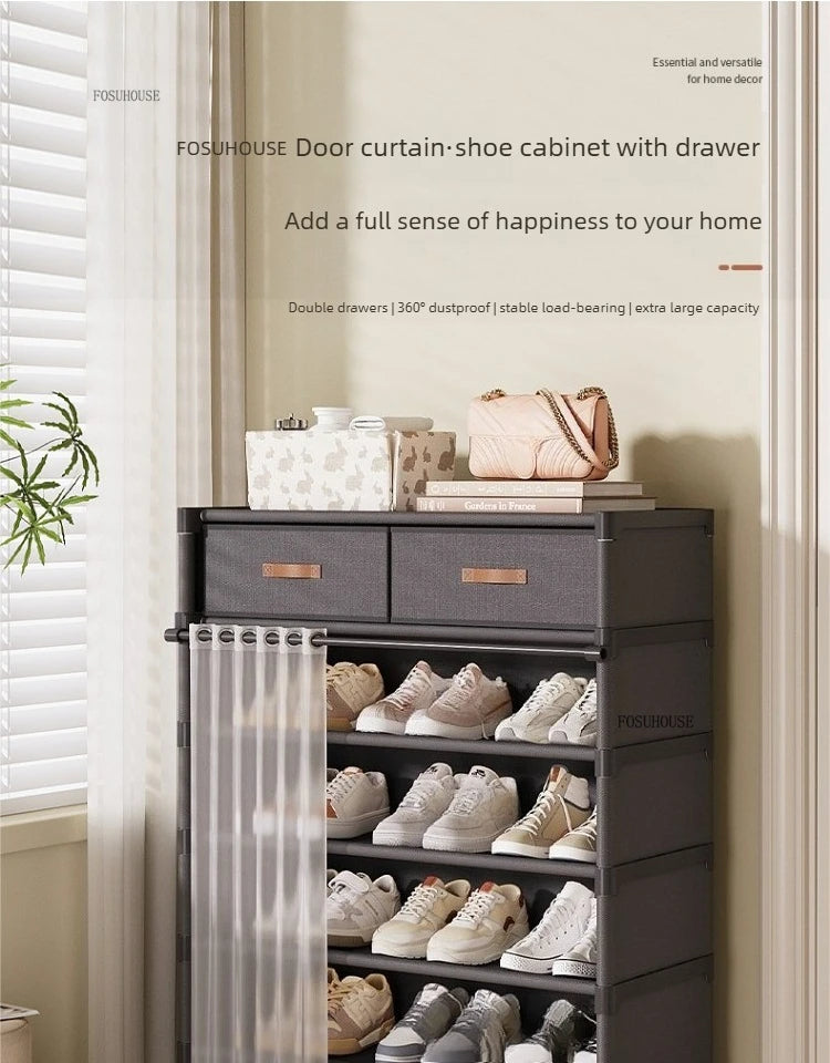 Multi layer Shoe Rack with Drawer for Entryway Hallway Storage Durable Metal Frame Indoor Organizer Space Saving Hanger Unit