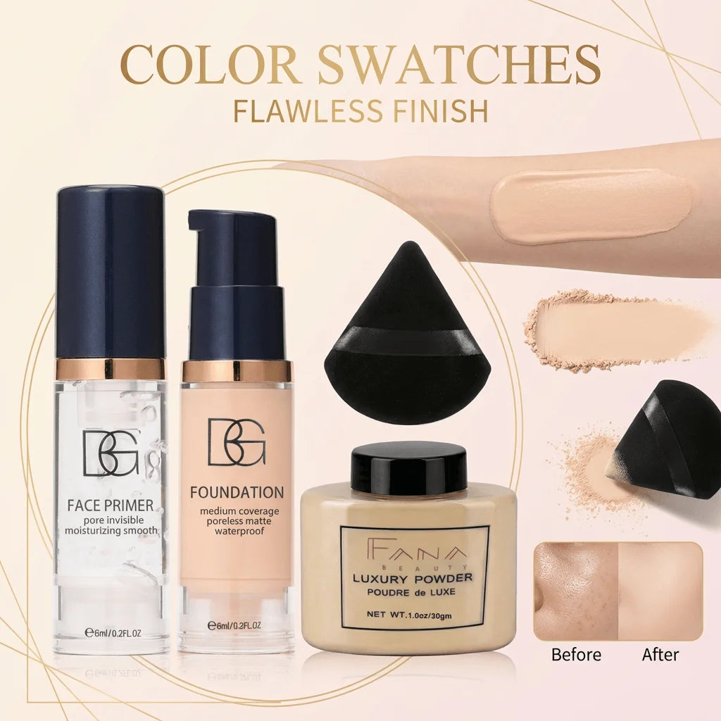 4-Pcs Set Face Makeup Bundle - Smoothing Primer, Matte Foundation, Setting Powder with Puff - Long-Lasting Waterproof Value Pack