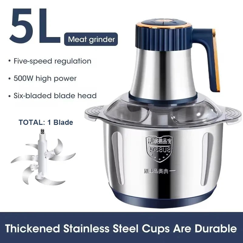 Electric Meat Grinder 5L Stainless Steel Meat Mincer Vegetables Blender, 500W Household Stuffing and Food Processor 5 Speeds