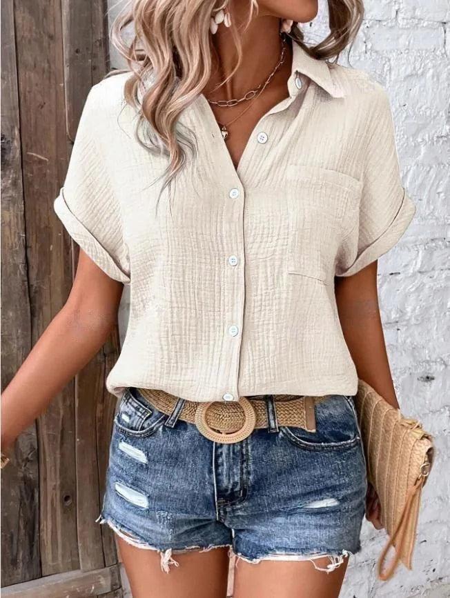 Women Casual Cotton Blouse Vintage Summer Short Sleeve Slim Shirt Elegant Turn Down Collar Solid Tunics Harajuku Streetwear Tops
