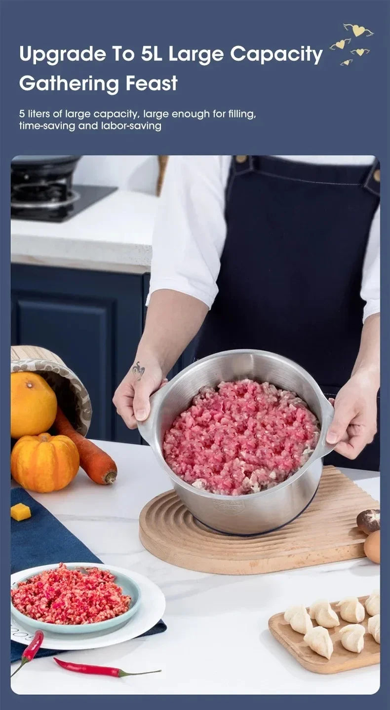 Electric Meat Grinder 5L Stainless Steel Meat Mincer Vegetables Blender, 500W Household Stuffing and Food Processor 5 Speeds