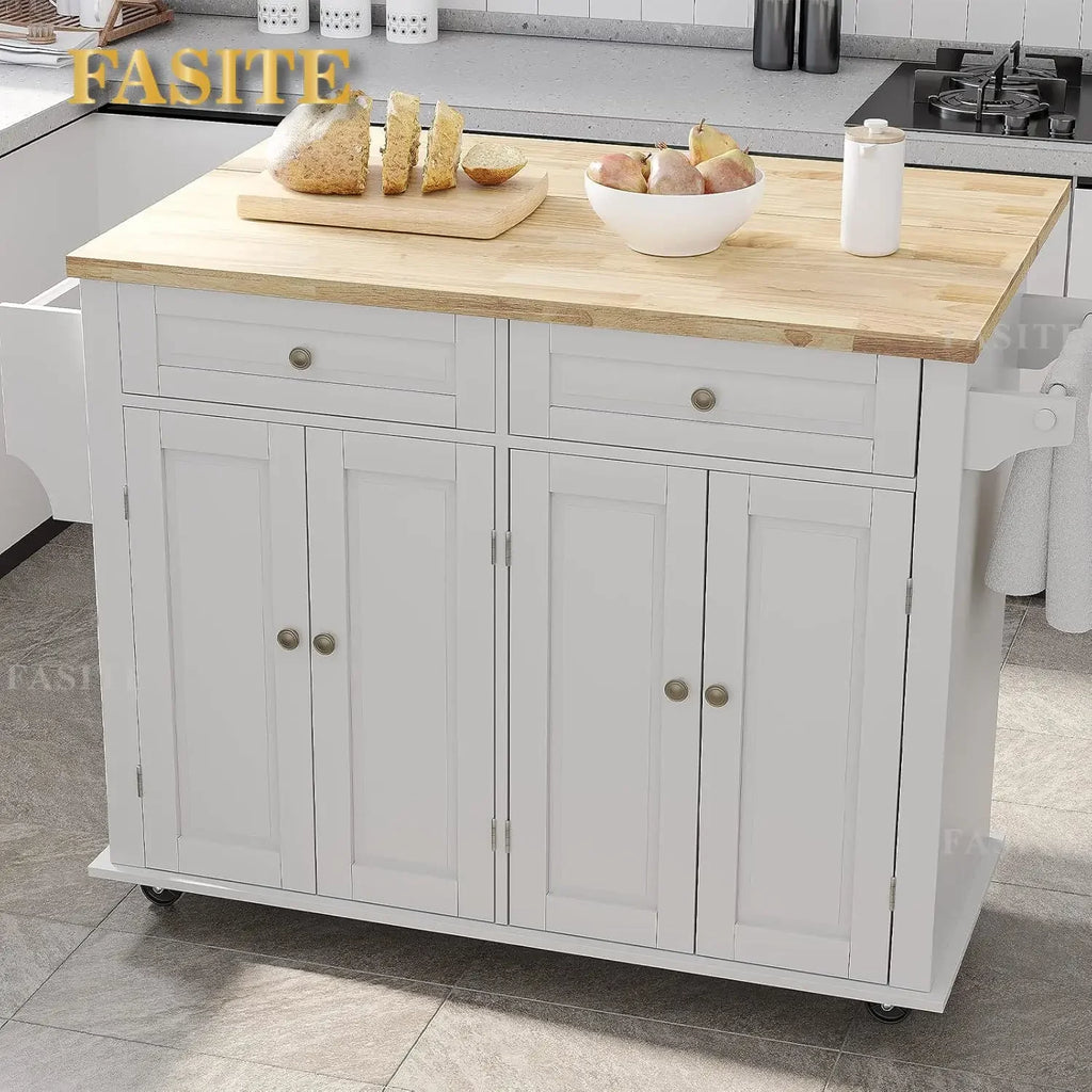 Movable Kitchen Carts on Wheels Island with Storage Cabinet, Island Table for Kitchen with Rubber Wood Top and Rack and Drawers