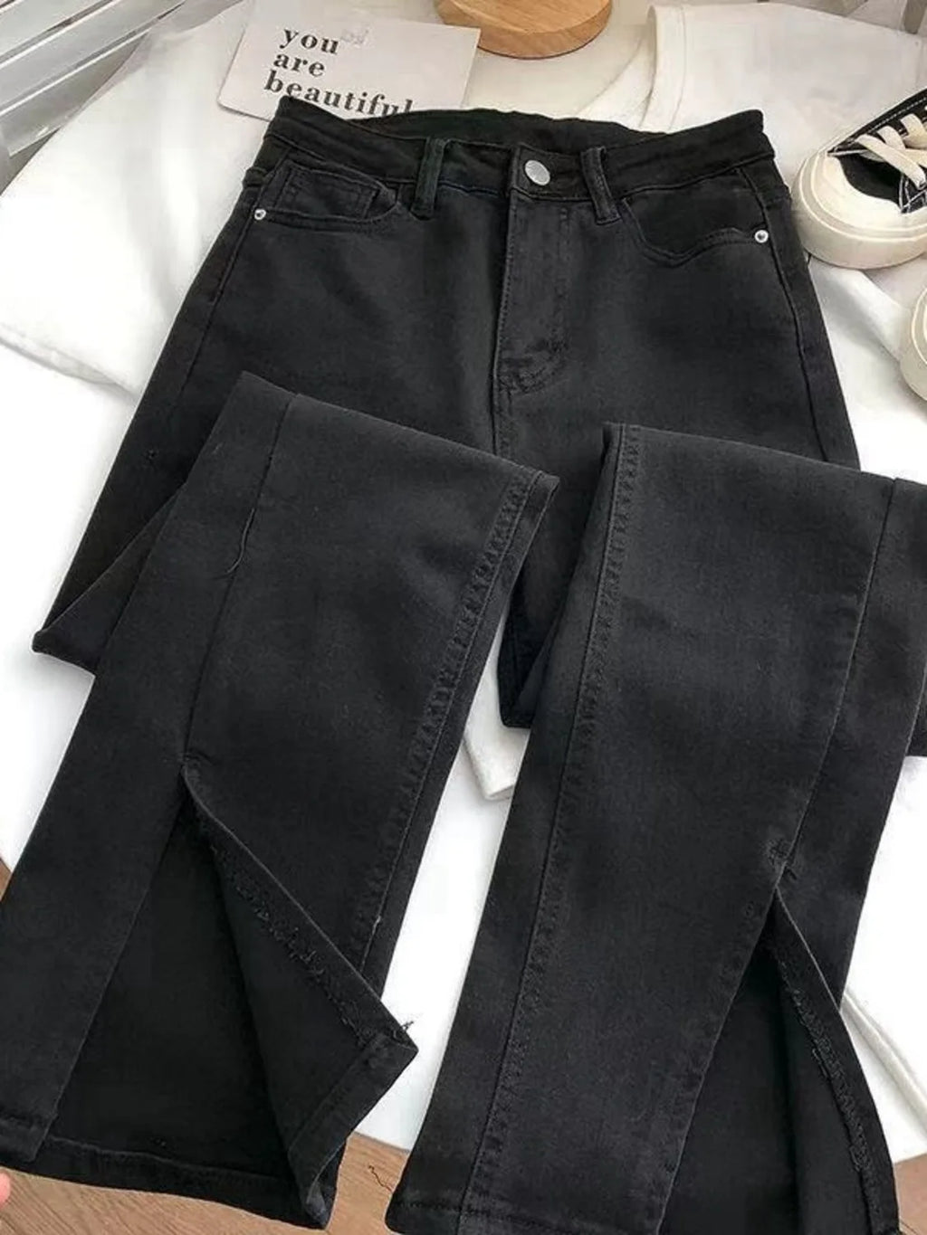 Women's High Waist Wide Leg Jeans Asymmetric Split Hem Vintage Washed Denim Pants Loose Fit