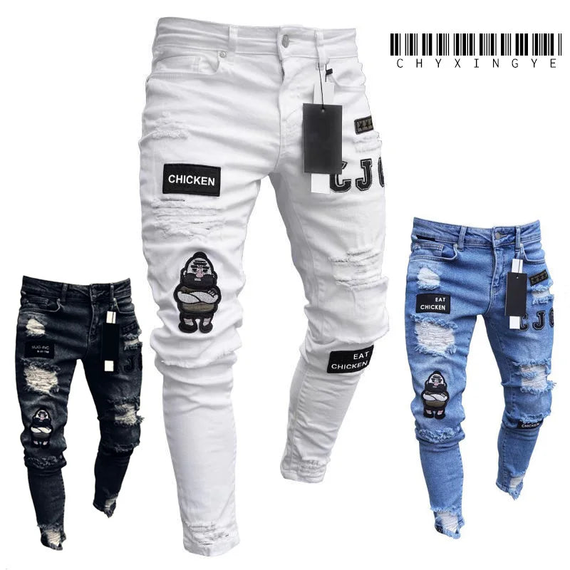 2025 New mbroidery Skinny Ripped Jeans Men Cotton Stretchy Hole Slim Fit Hip Hop Denim Pants Casual Jeans for Men Jogging Trouse
