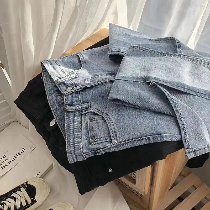Women's High Waist Wide Leg Jeans Asymmetric Split Hem Vintage Washed Denim Pants Loose Fit