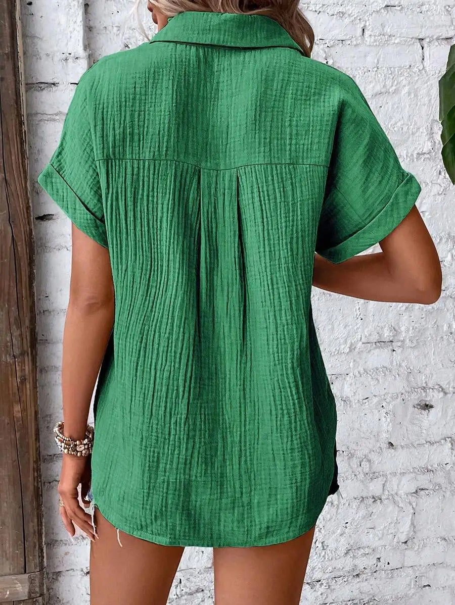Women Casual Cotton Blouse Vintage Summer Short Sleeve Slim Shirt Elegant Turn Down Collar Solid Tunics Harajuku Streetwear Tops
