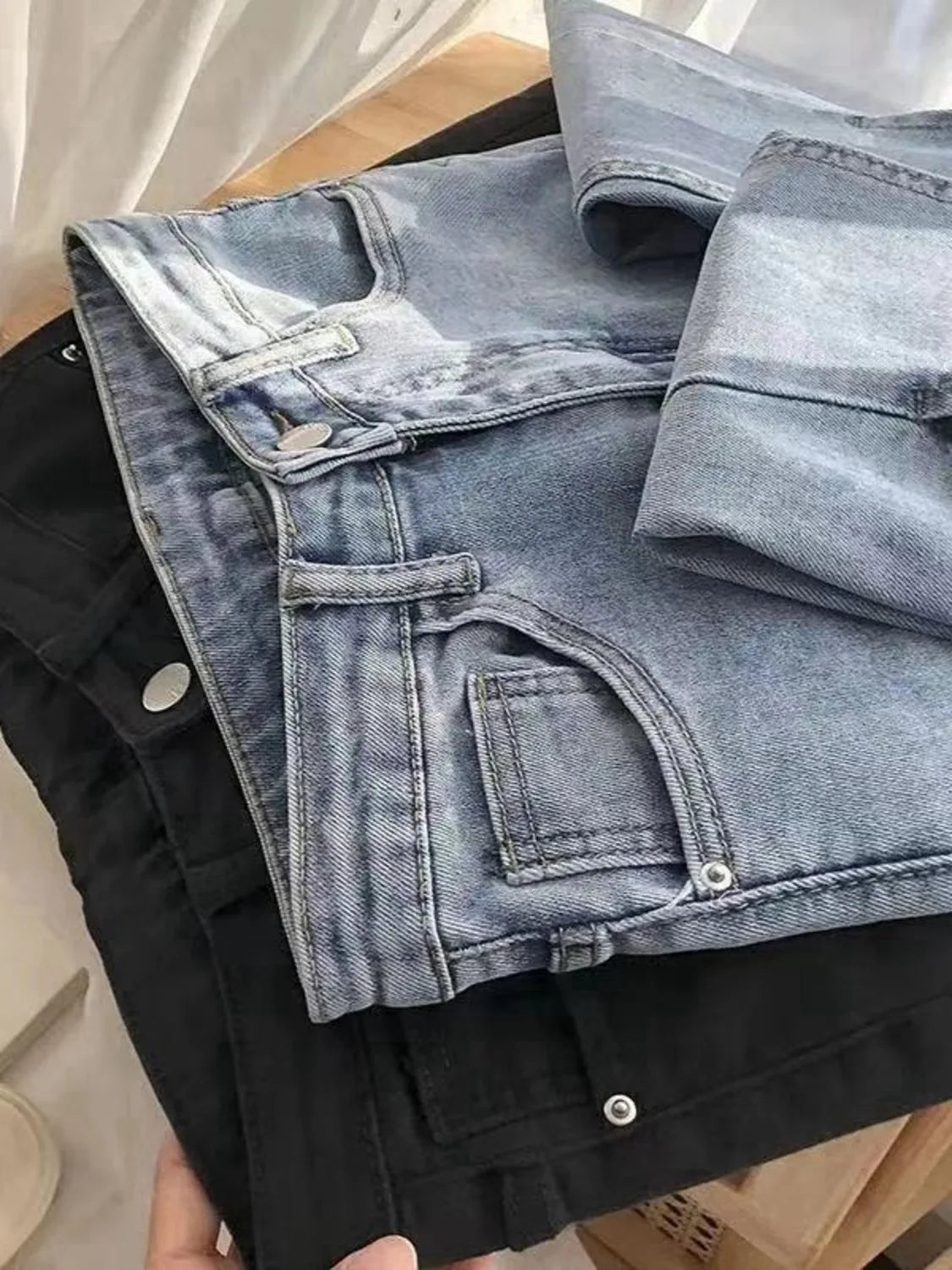 Women's High Waist Wide Leg Jeans Asymmetric Split Hem Vintage Washed Denim Pants Loose Fit