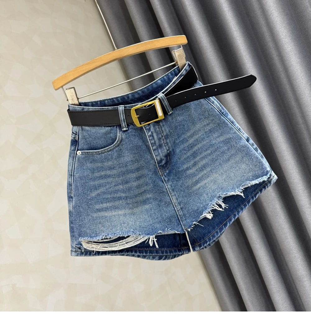 High Waist Ripped Women's Denim Skort 2025 Summer New Fashion A-line High Waisted Skinny Hot Shorts Versatile Pant Skirt