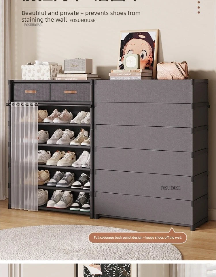Multi layer Shoe Rack with Drawer for Entryway Hallway Storage Durable Metal Frame Indoor Organizer Space Saving Hanger Unit