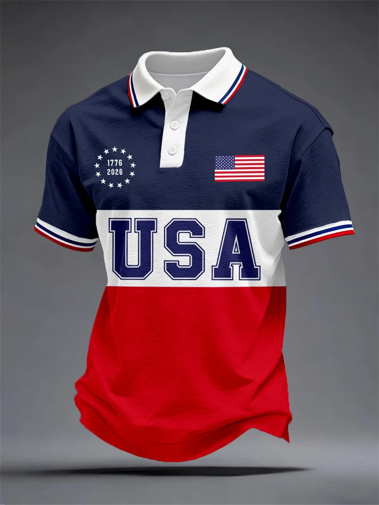 Anniversary-themed Short-Sleeve Shirt Men's Polo Shirt with National Flag Print Summer Outdoor Short-Sleeve Button-Down Shirt
