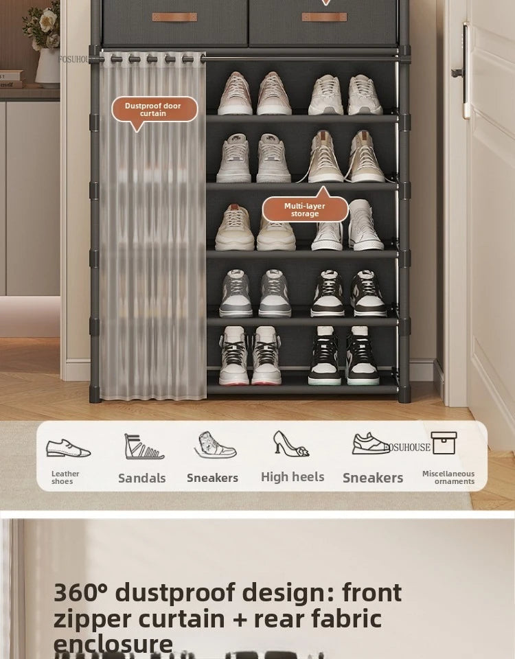 Multi layer Shoe Rack with Drawer for Entryway Hallway Storage Durable Metal Frame Indoor Organizer Space Saving Hanger Unit