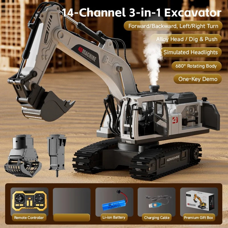 RC Excavator 14 Channel 3 IN 1 RC Engineering Car Remote Control Crawler Truck Alloy Excavator RC Model Car Toy Christmas Gift