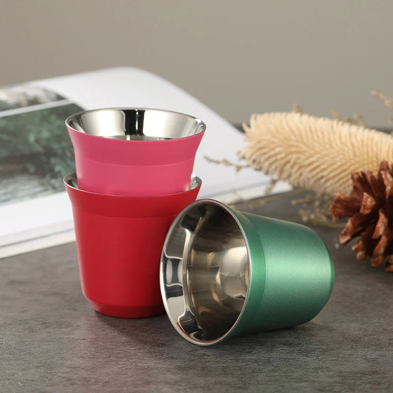 Summer New Simple Flat Bottom Cup Stainless Steel Double-layer Inner Tank Capsule Coffee Cup High-grade Solid Color Water Cup