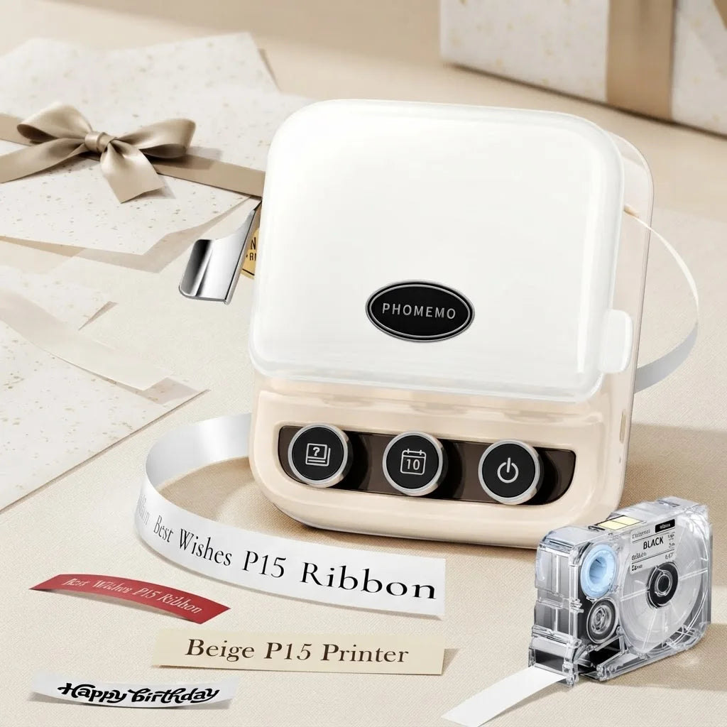 Phomemo P15 Mini Bluetooth Label Printer for Christmas Gifts & Wedding Decorations, Portable Ribbon Label Maker with Custom Text