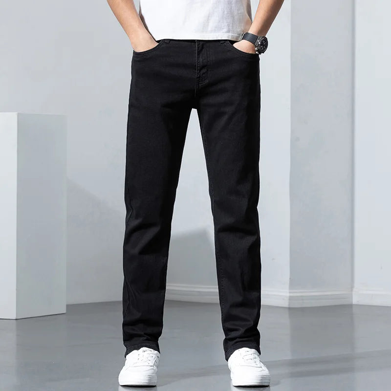 2026 Summer Spring New Men's Pure Black Slim Jeans Elastic Straight Pants BusinessLeisure Korean Vintage Denim Pants Male