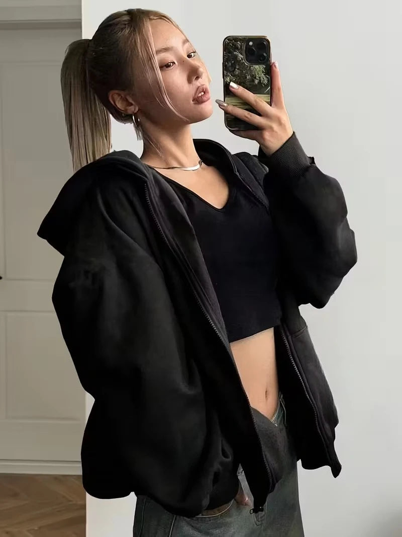 Plum blossom Women's Zipper Hoodies Jacket Cotton Fleece Hoody Sweatshirt Pullover Autumn Winter Oversized Loose Tops Coat