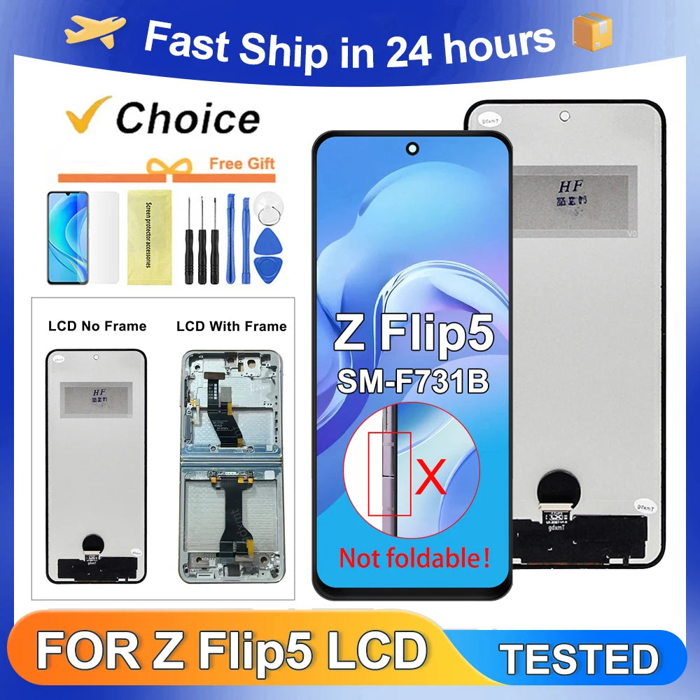Tested Z Flip5 5G SM-F731B F731U F731W F731N For Samsung For Z Flip 5 LCD Display Touch Screen Digitizer Assembly Replacement