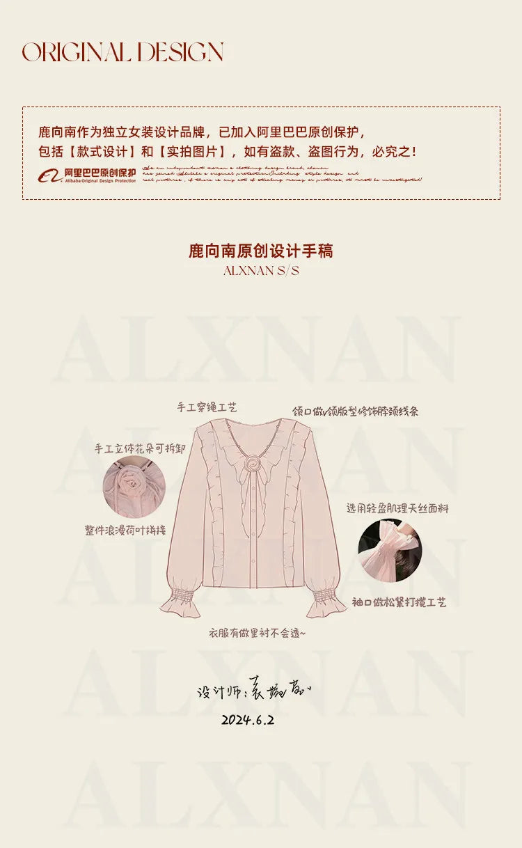 ALXNAN French Style Women's Pink Shirt Autumn V-neck With Detachable 3D Flowers Full Long Sleeves Elastic Cuffs Shirts VL39307