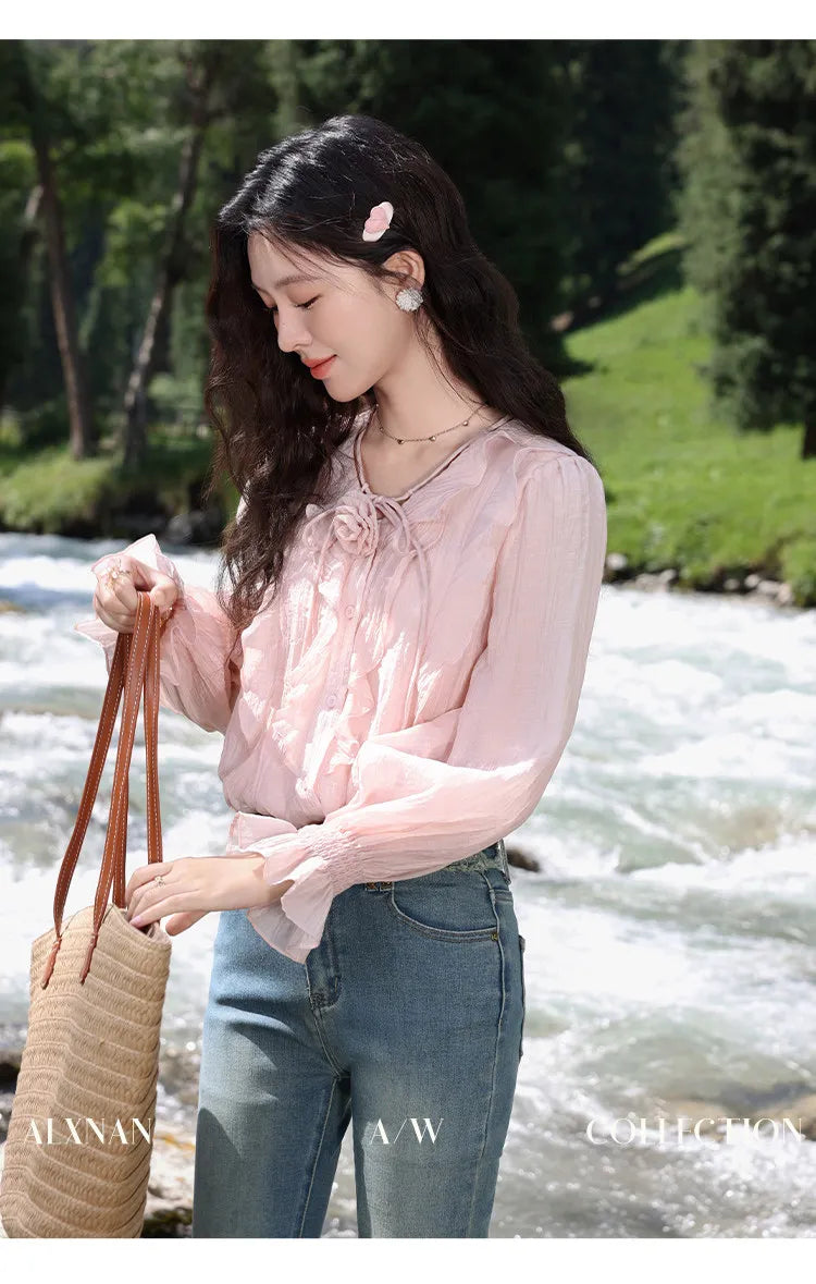 ALXNAN French Style Women's Pink Shirt Autumn V-neck With Detachable 3D Flowers Full Long Sleeves Elastic Cuffs Shirts VL39307