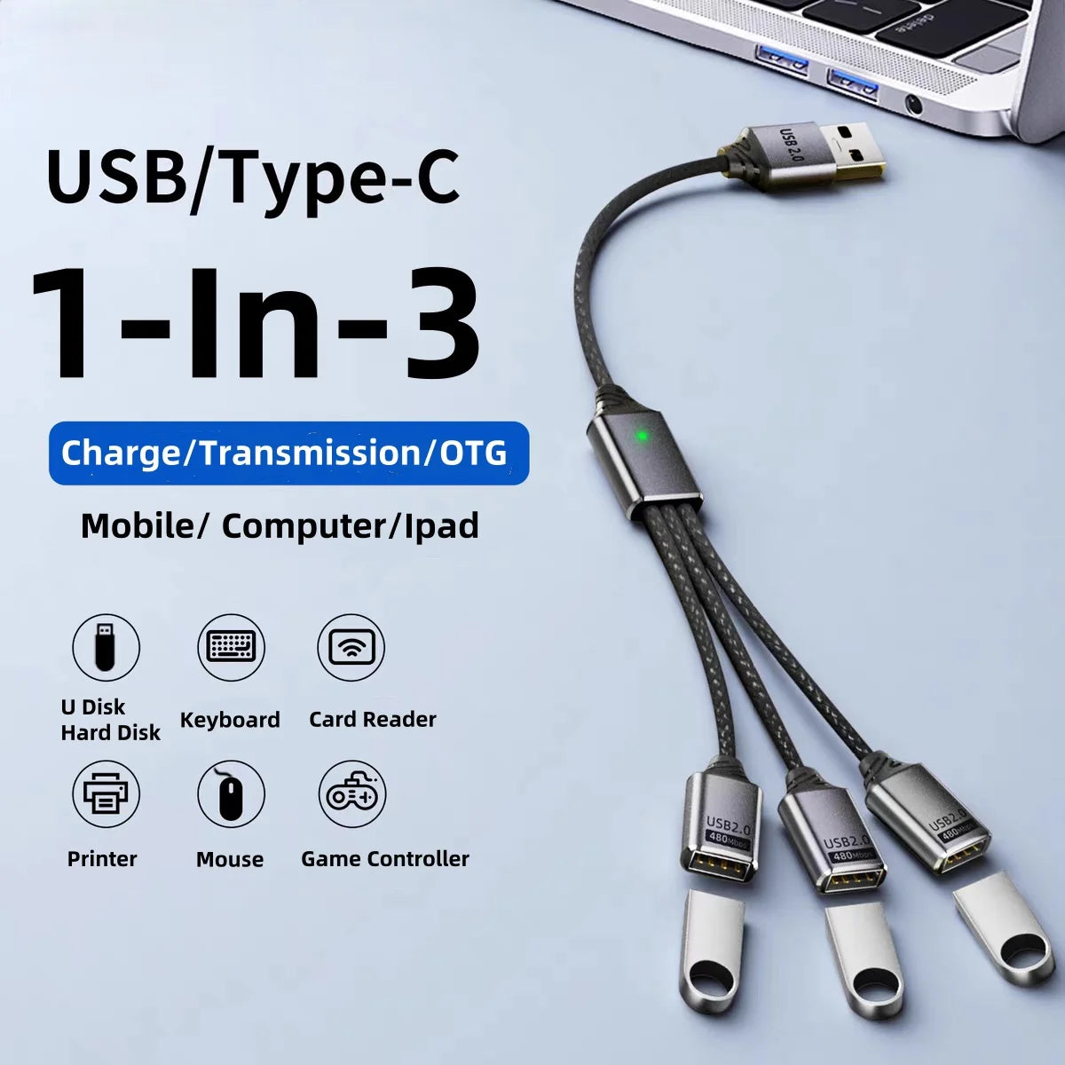 Adaptador Hub USB-C a 3 Puertos USB 2.0 OTG
