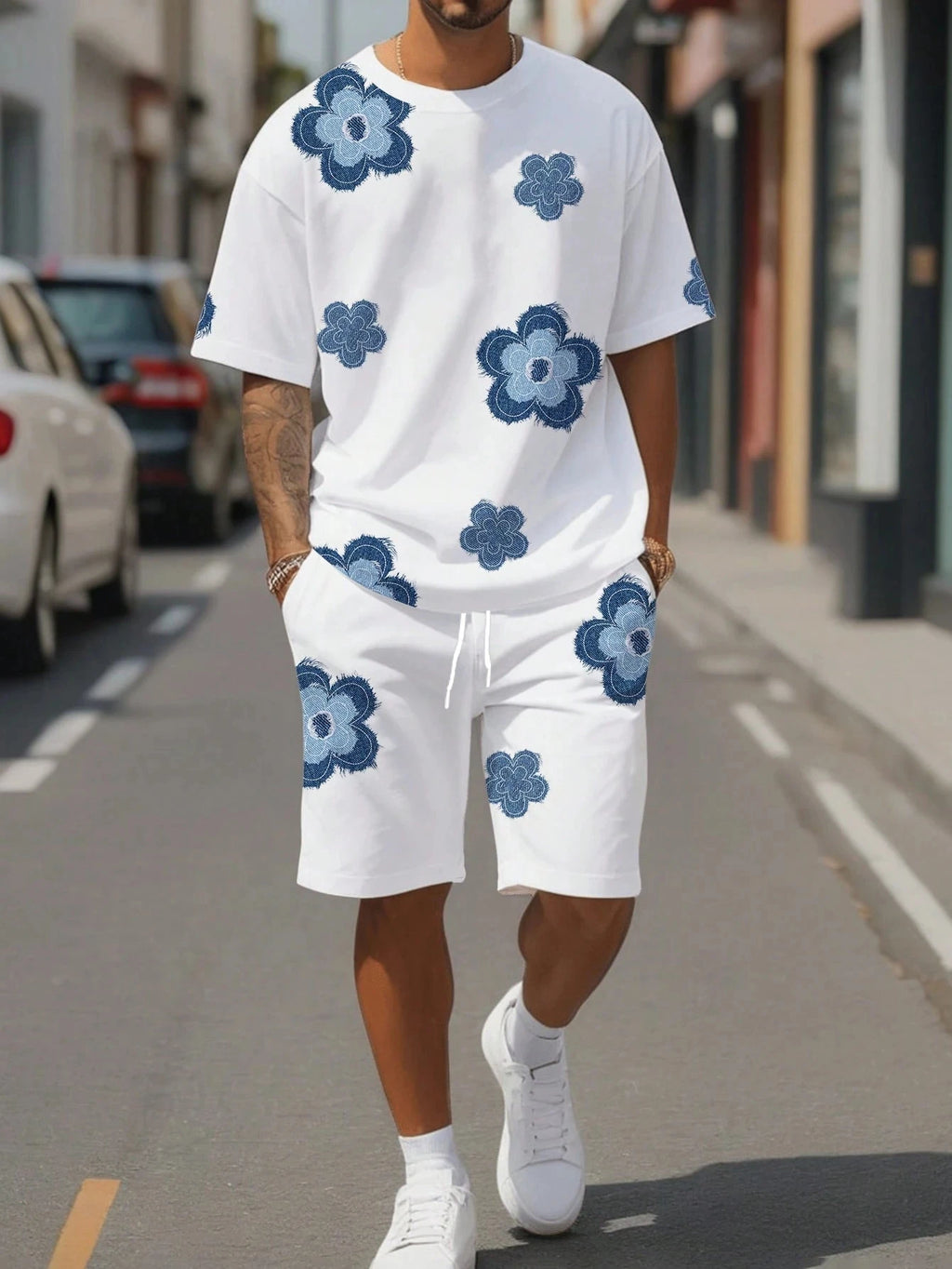 Set 2 Piezas Hombre - Remera y Short Floral Blanco y Negro