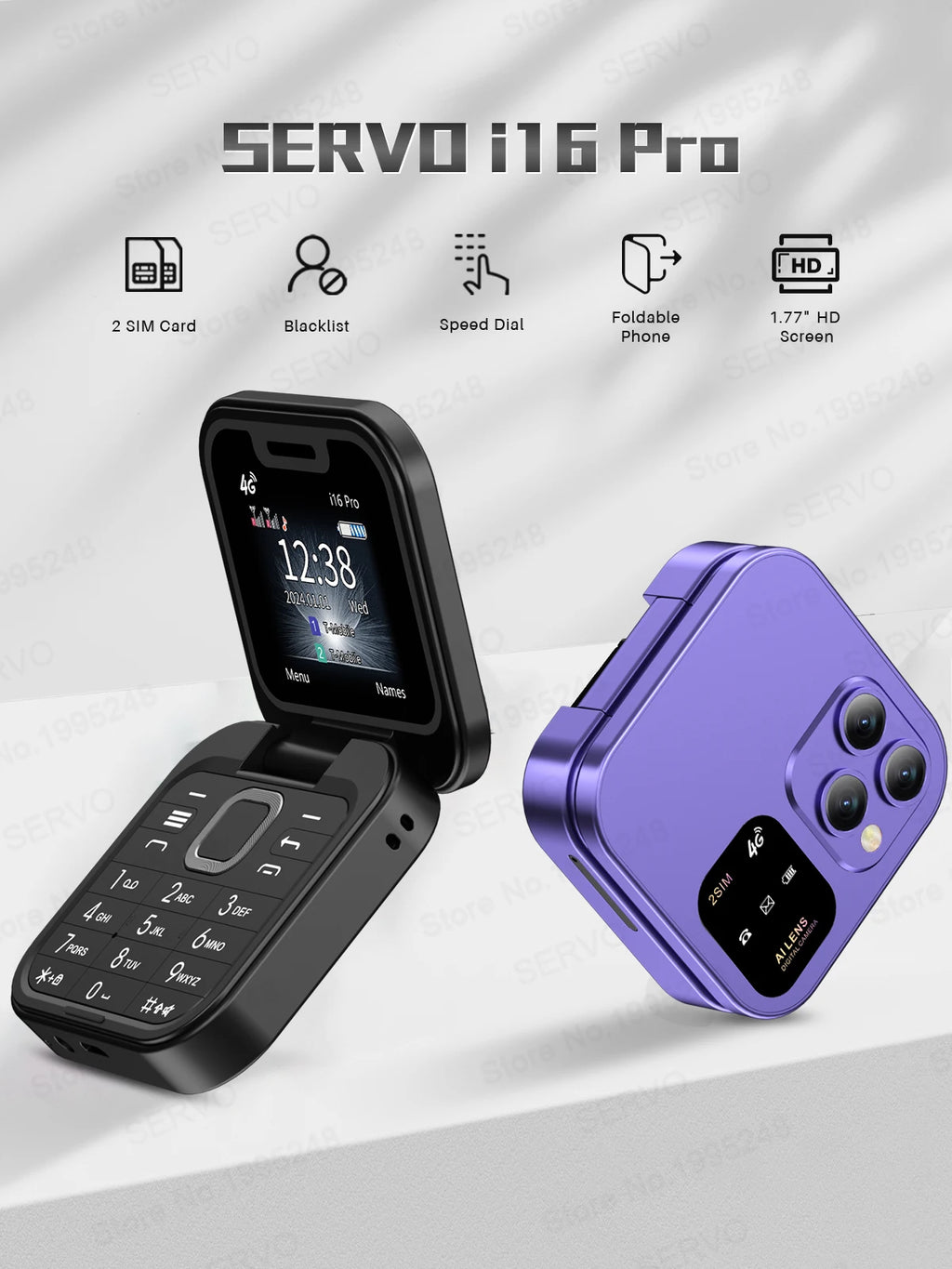 SERVO Mini Flip Mobile Phone 4G/2G Cellular 1.77" Diaplay Speed Dial Flashlight Recorder FM Radio Dual SIM Foldable Cellphones