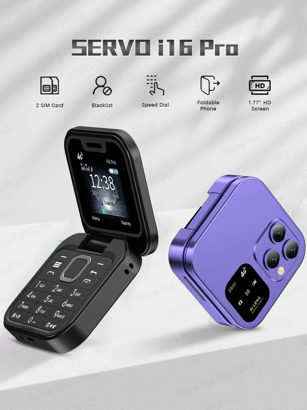 SERVO Mini Flip Mobile Phone 4G/2G Cellular 1.77" Diaplay Speed Dial Flashlight Recorder FM Radio Dual SIM Foldable Cellphones
