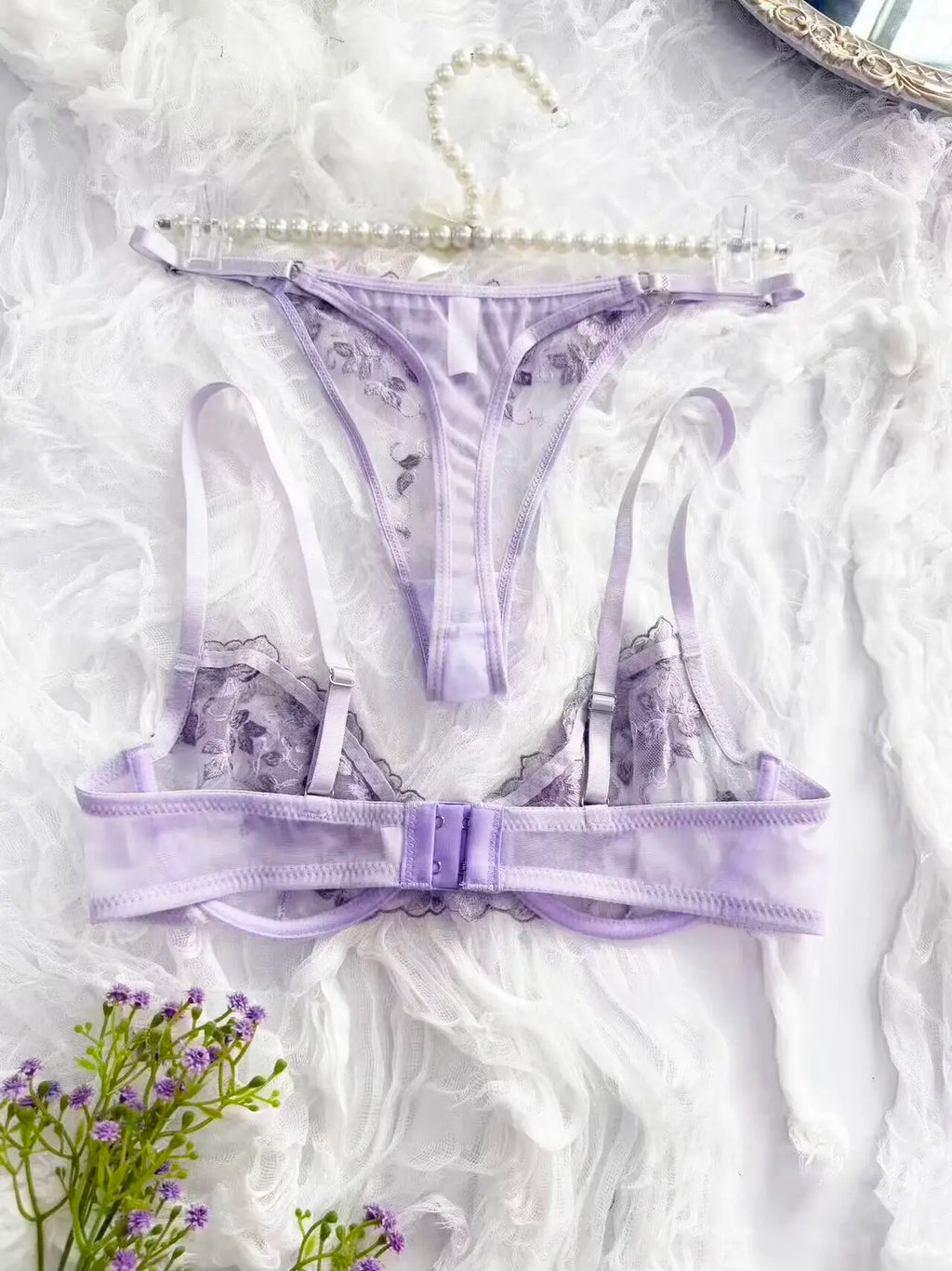 Lavender Floral Sheer Lace 2-Piece Lingerie Set, Underwire Push Up Bra & Adjustable Metal Buckle Low Rise Thong Panties