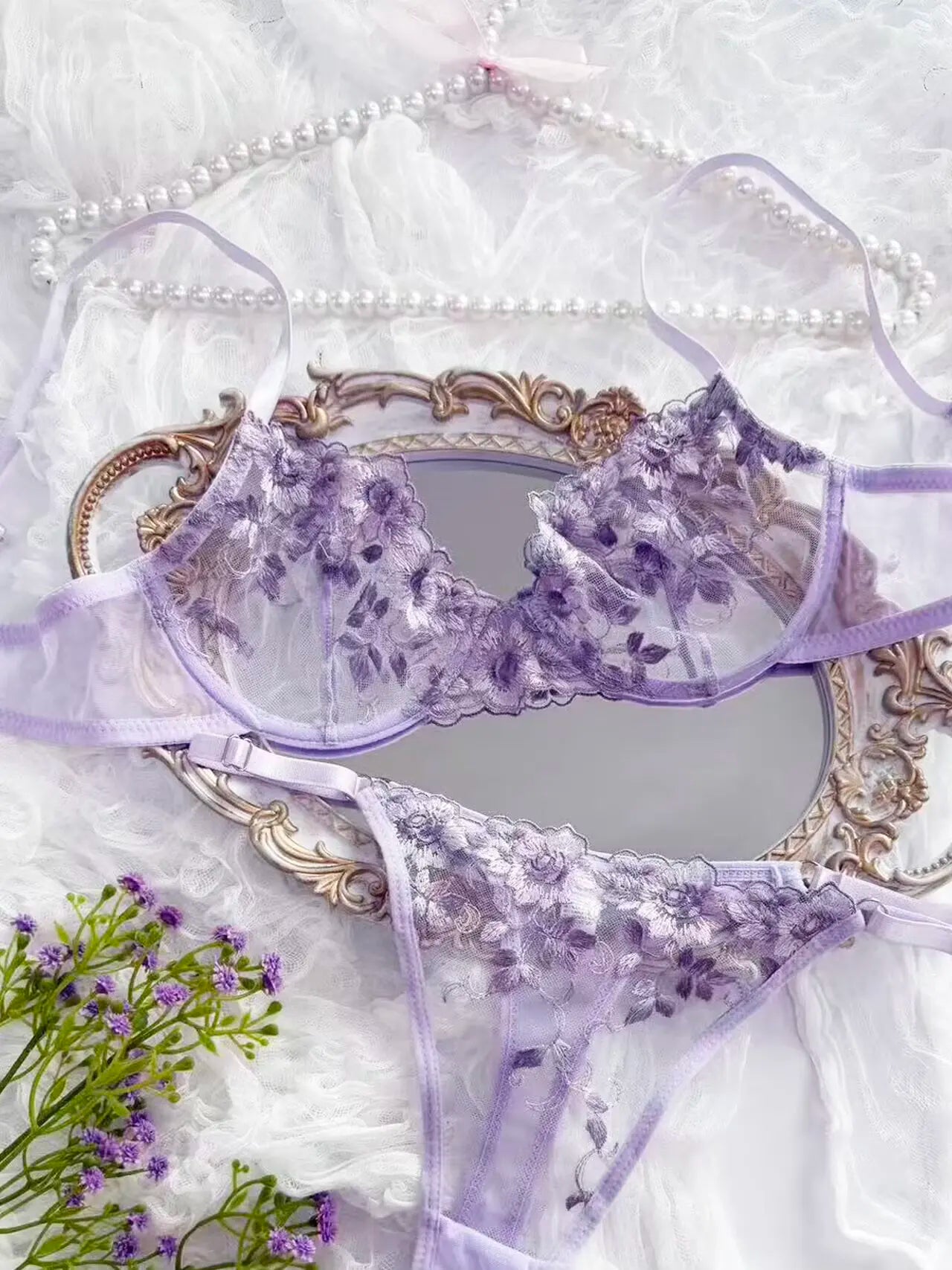 Lavender Floral Sheer Lace 2-Piece Lingerie Set, Underwire Push Up Bra & Adjustable Metal Buckle Low Rise Thong Panties