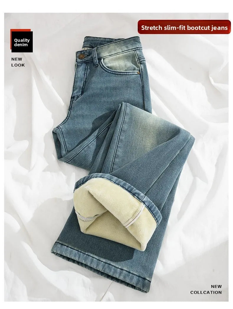 Autumn Winter Thickened Fleece-Lined Vintage Straight-Leg Jeans Women's Slimming Hip-Hiding Elastic Micro-Flared Cotton Trousers