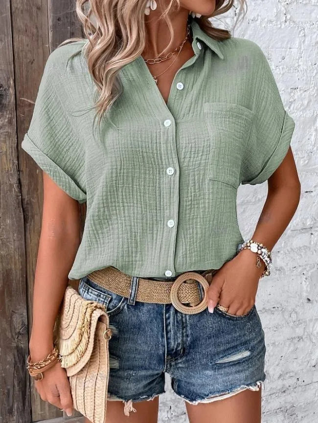 Women Casual Cotton Blouse Vintage Summer Short Sleeve Slim Shirt Elegant Turn Down Collar Solid Tunics Harajuku Streetwear Tops