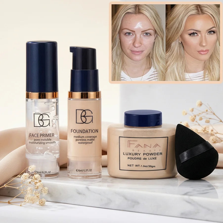 4-Pcs Set Face Makeup Bundle - Smoothing Primer, Matte Foundation, Setting Powder with Puff - Long-Lasting Waterproof Value Pack