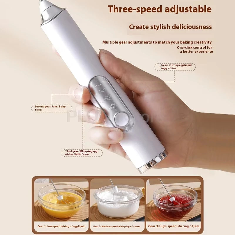 1 Electric Milk Frother, Dual Stick Rechargeable 3-Speed Handheld Egg Beater, Coffee Frother, Cream Blender, Travel Blender