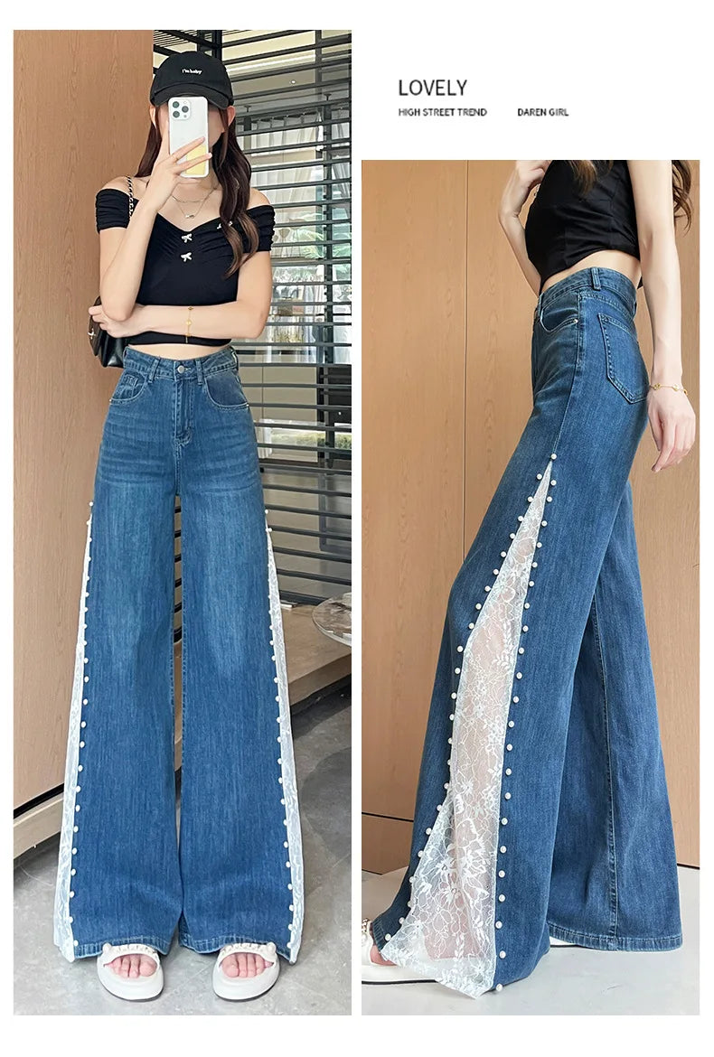Women's High Waist Lace Stitching Beaded Wide Leg Jeans Summer Stretch Floor Length Pants
