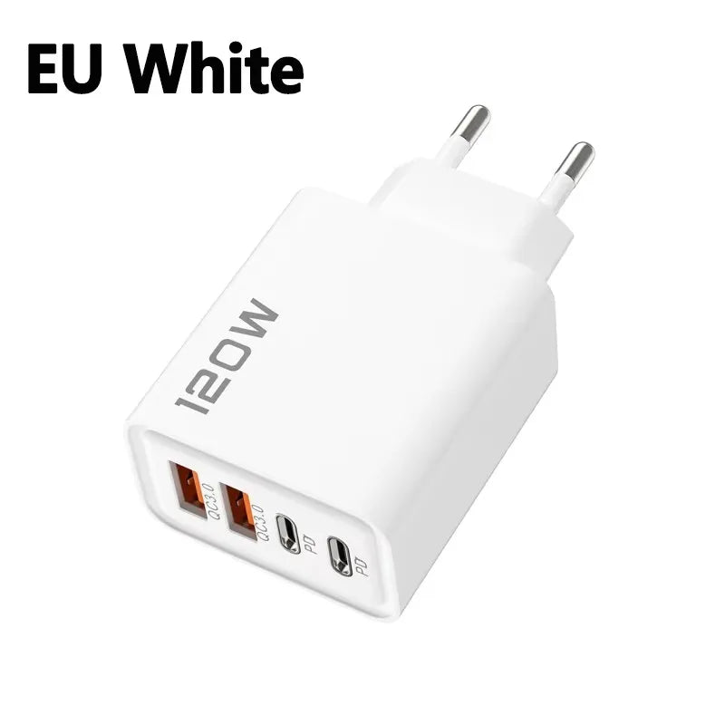 Cargador 4 Puertos 120W USB-C | Carga Rápida QC3.0 - iPhone, Samsung y Xiaomi