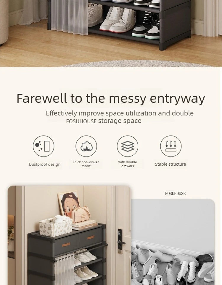 Multi layer Shoe Rack with Drawer for Entryway Hallway Storage Durable Metal Frame Indoor Organizer Space Saving Hanger Unit