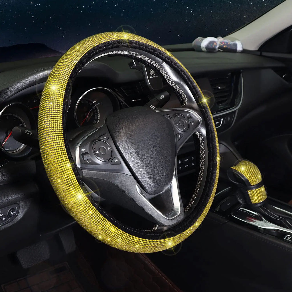 38cm Bling Car Accessories Set For Women Rhinestones Steering Wheel Cover Safety Belt Covers Gear Shift Cover Diamond Cup Pads
