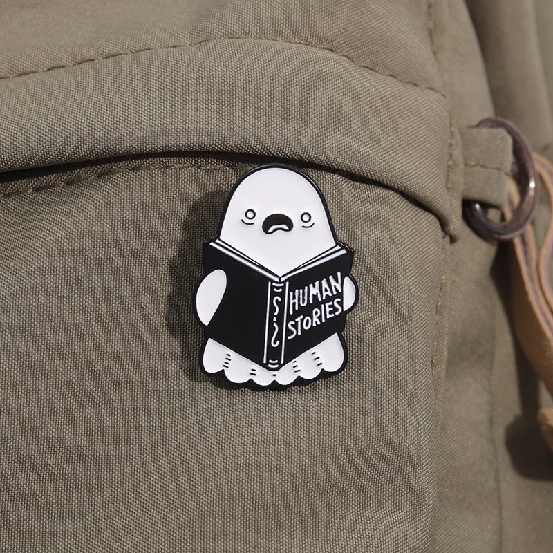 Cartoon Ghost Boo Enamel Pins Human Stories Book Creative Brooches Halloween Backpack Clothes Lapel Badge Gift for Kids Friends