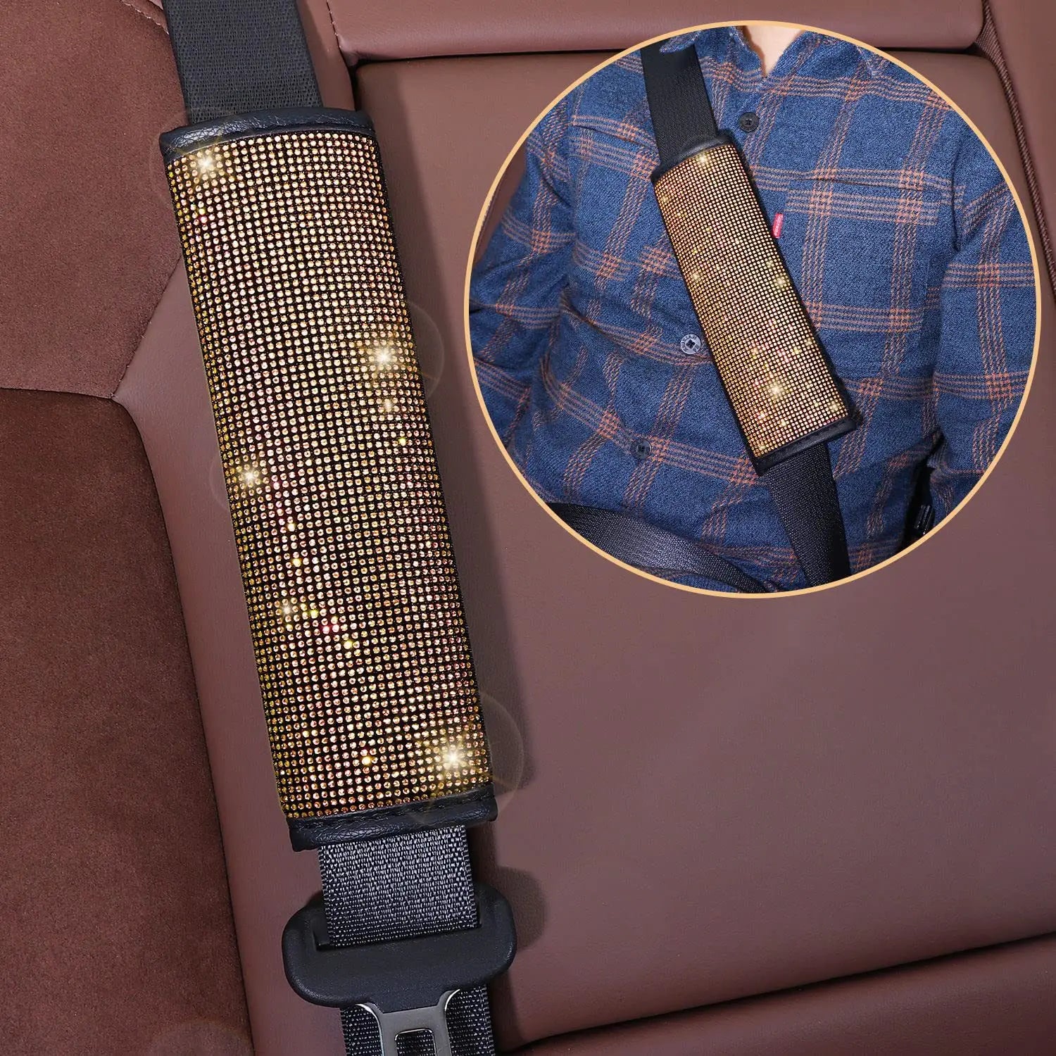 38cm Bling Car Accessories Set For Women Rhinestones Steering Wheel Cover Safety Belt Covers Gear Shift Cover Diamond Cup Pads