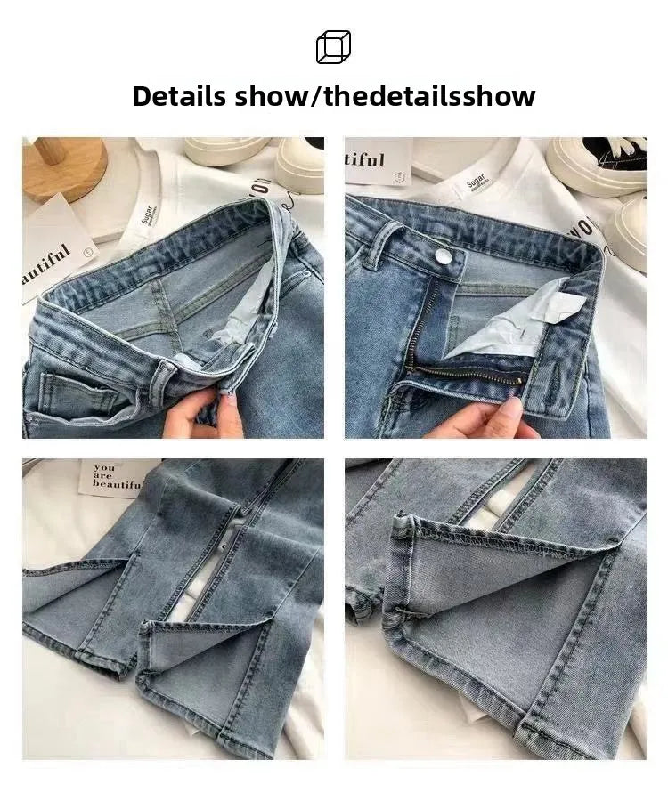 Women's High Waist Wide Leg Jeans Asymmetric Split Hem Vintage Washed Denim Pants Loose Fit