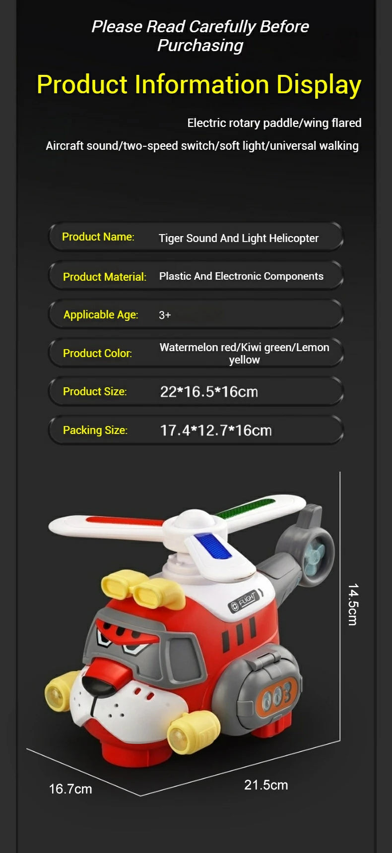 Tiger Helicopter Toy Electric 360° Rotating Aircraft with Lights Sound Bump and Go Plane Toy for Boy 3-6 Christmas Birthday Gift