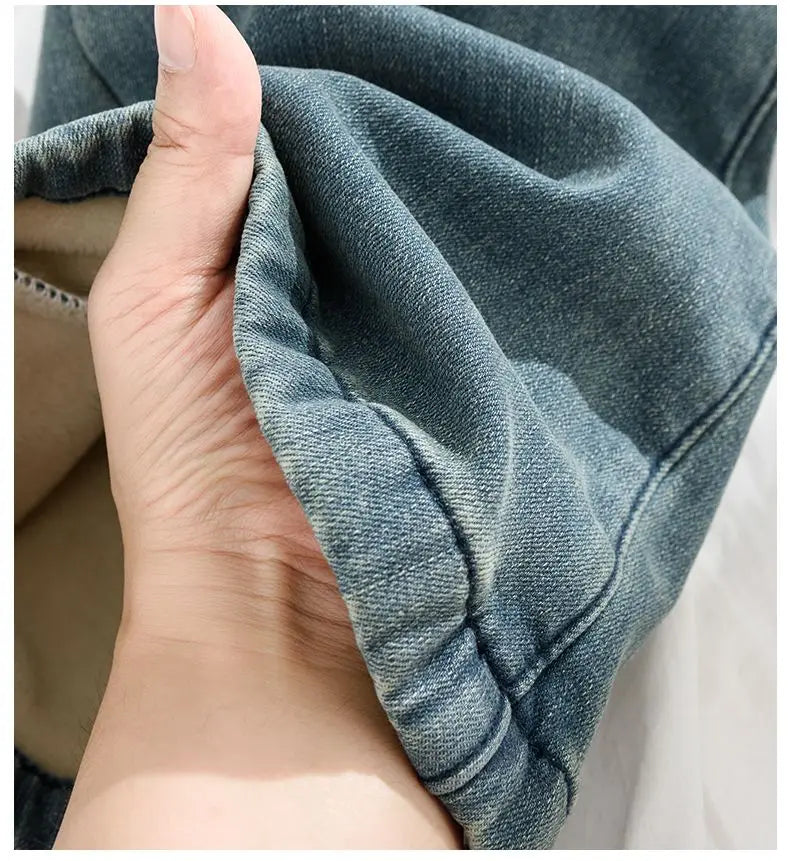 Autumn Winter Thickened Fleece-Lined Vintage Straight-Leg Jeans Women's Slimming Hip-Hiding Elastic Micro-Flared Cotton Trousers