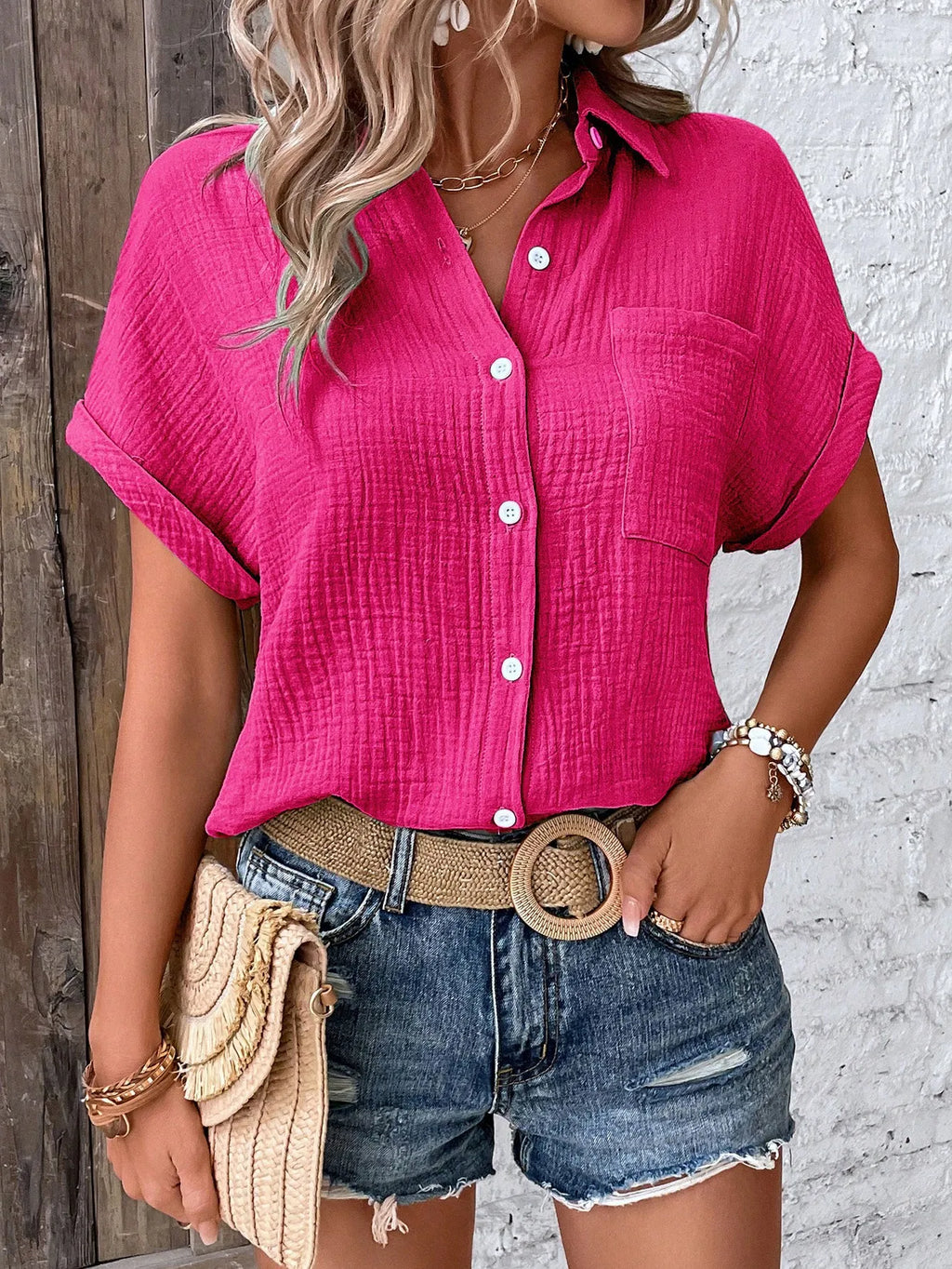 Women Casual Cotton Blouse Vintage Summer Short Sleeve Slim Shirt Elegant Turn Down Collar Solid Tunics Harajuku Streetwear Tops