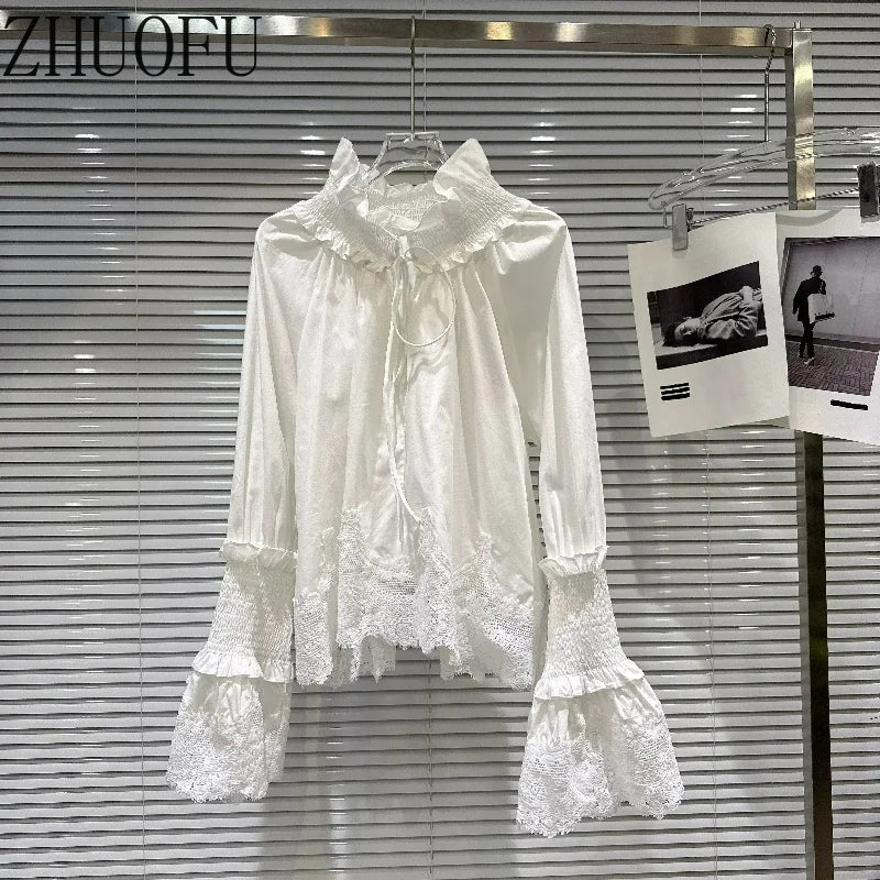 2026 Autumn New Women's Clothing French Design White Temperament Sweet Lace Strap Turtleneck Horn Sleeve Versatile Shirts Ladies