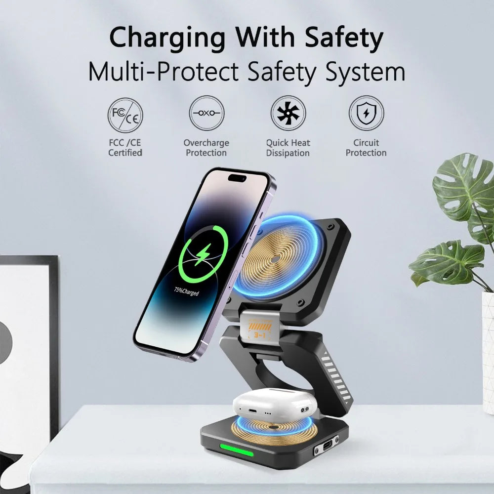 Desktop Foldable 3‑in‑1 Magnetic Wireless Charger Fast Charging Dock Station for Magsafe iPhone 17~12 Apple Watch 9 Airpods Pro