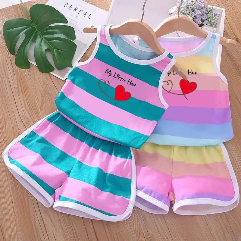 2026 Summer Baby Kids Clothes Sets Cut Striped Cartoon Printed Girls and Boys Vest and Shorts 2 Pieces Sets Children's Outfits