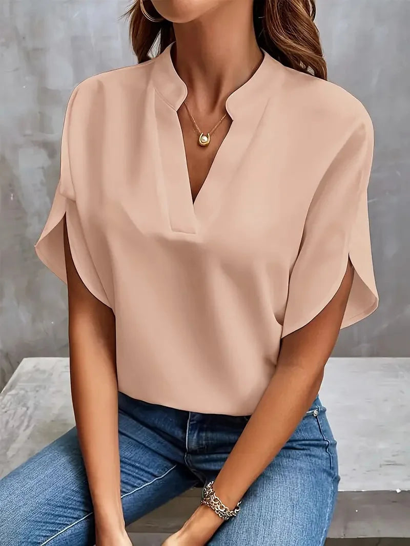 VEITCHE Summer Women Casual Solid Blouse Women Fashion V-neck Half Sleeve Shirts Office Elegant Pullover Loose Blusas Tops