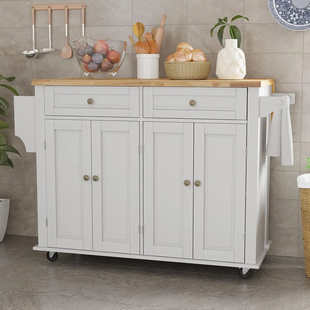Movable Kitchen Carts on Wheels Island with Storage Cabinet, Island Table for Kitchen with Rubber Wood Top and Rack and Drawers