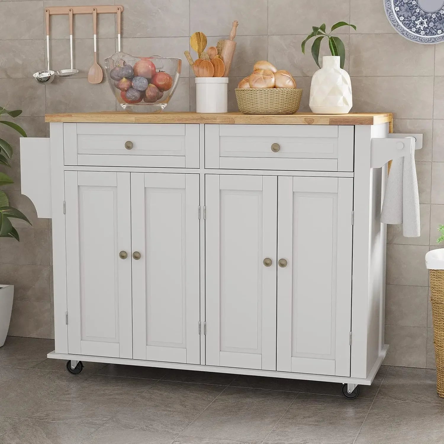 Movable Kitchen Carts on Wheels Island with Storage Cabinet, Island Table for Kitchen with Rubber Wood Top and Rack and Drawers