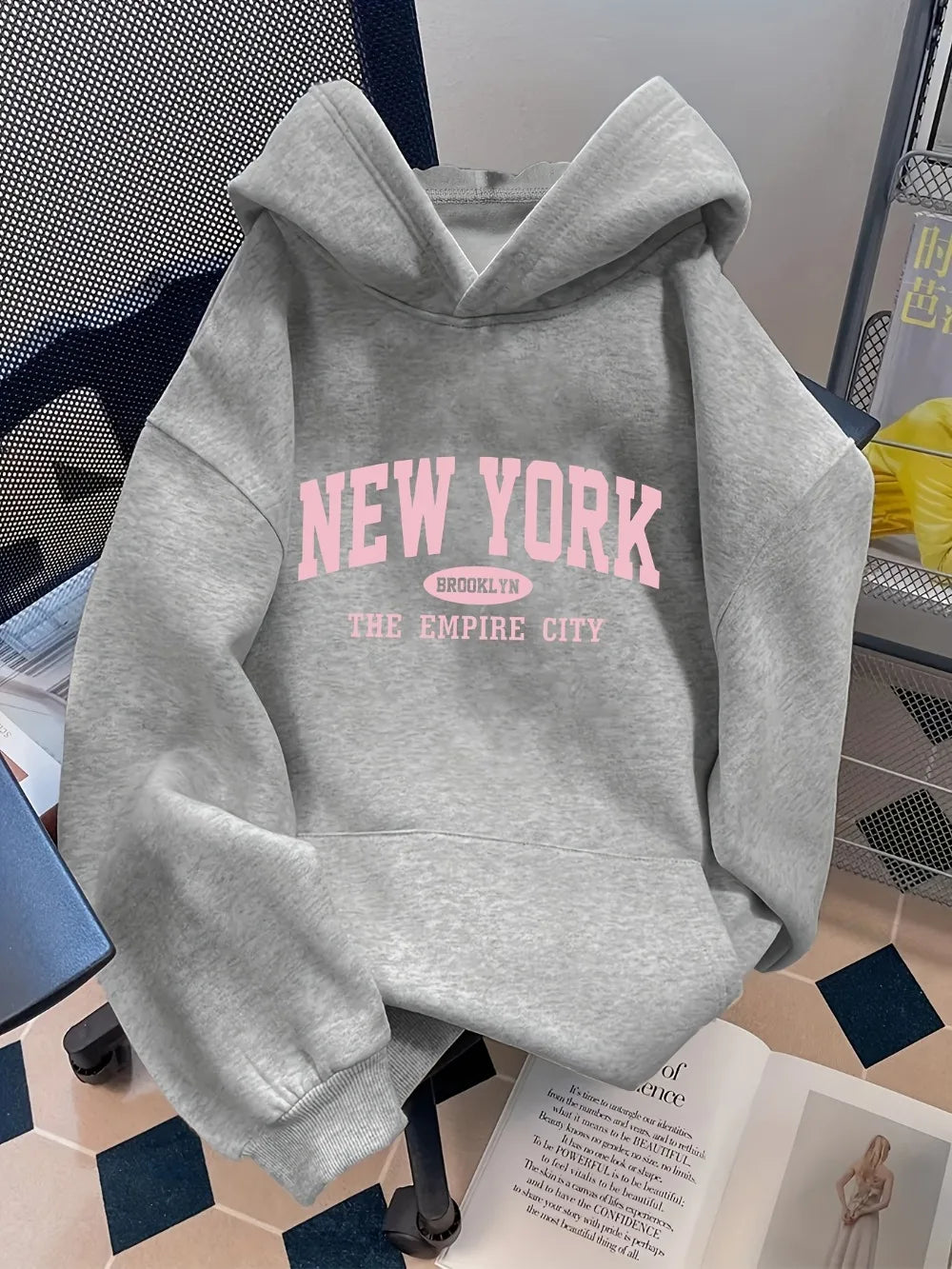 Women Loose Letter Pattern Fashion Hoodie Casual Style Geometric pattern Hooded Collar Casual Long Sleeve Pullover with Pockets
